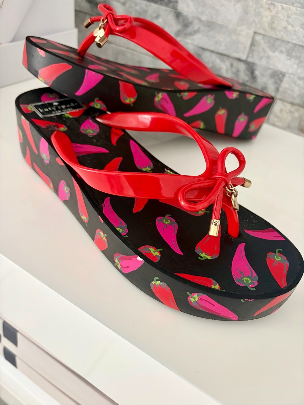 kate spade Black Platform Flip Flop Sandals with Red and Pink Pepper Print - Picture 4 of 10